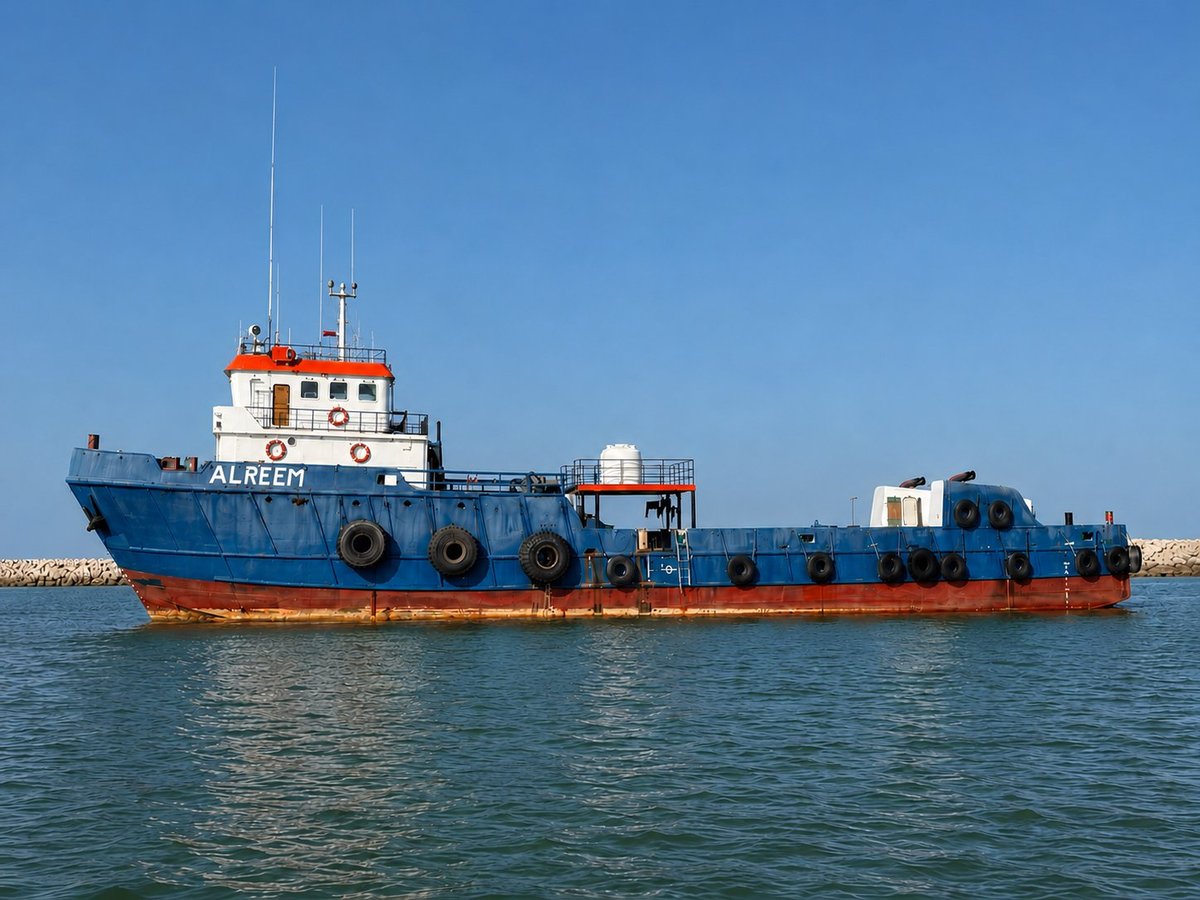 Blue and red cargo ship with orange wheelhouse on calm water under clear sky