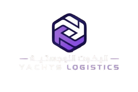 Yachts Logistics logo with purple hexagonal icon and Arabic and English text on black background